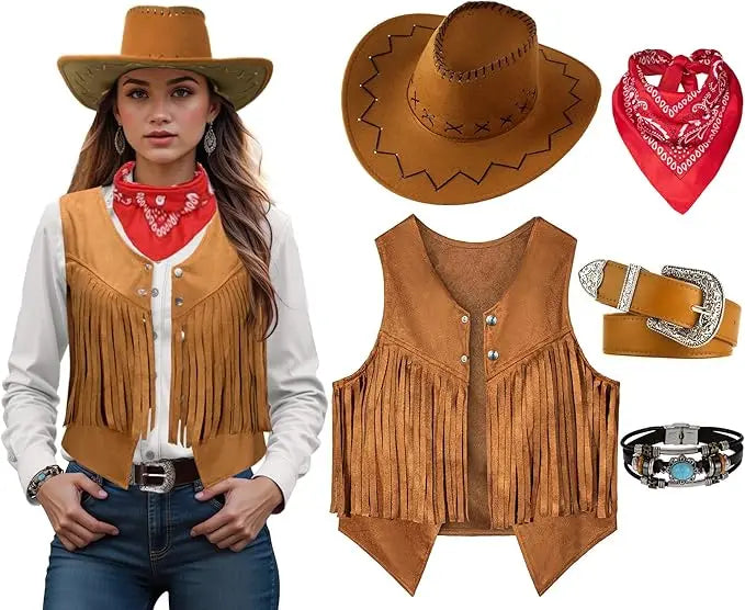 Cowgirl Costume Set for Women: Fringe Vest, Hat, Bandana, Belt