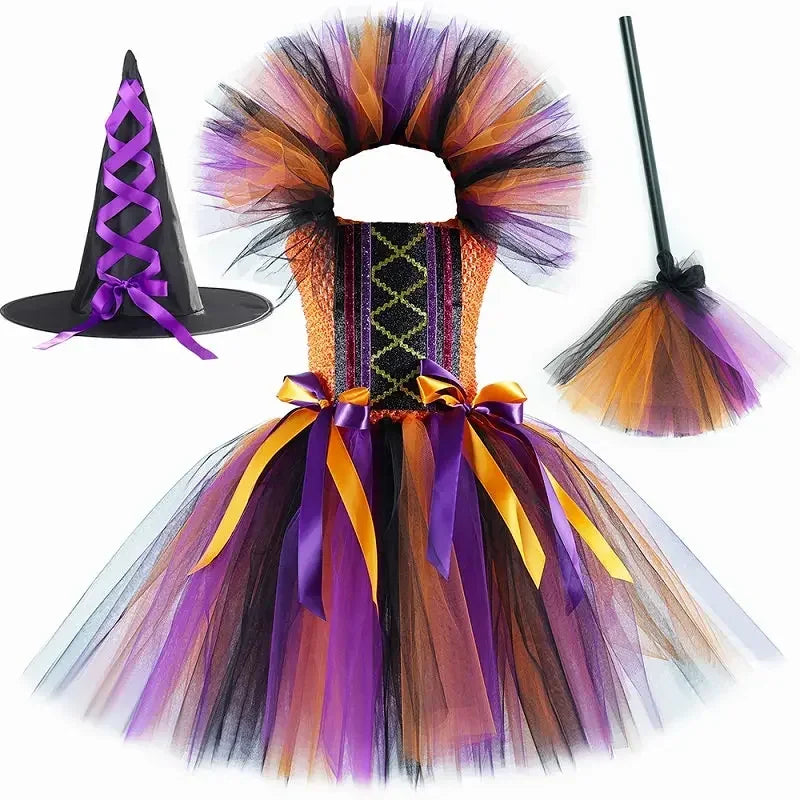 Witch Tutu Dress for Girls with Hat and Broom, 1 to 12 Years