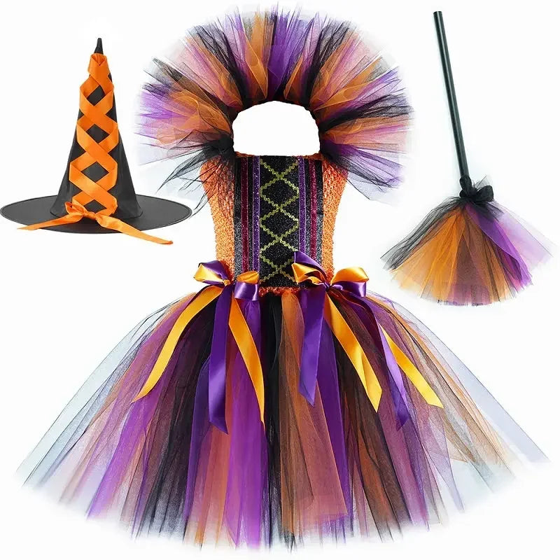 Witch Tutu Dress for Girls with Hat and Broom, 1 to 12 Years