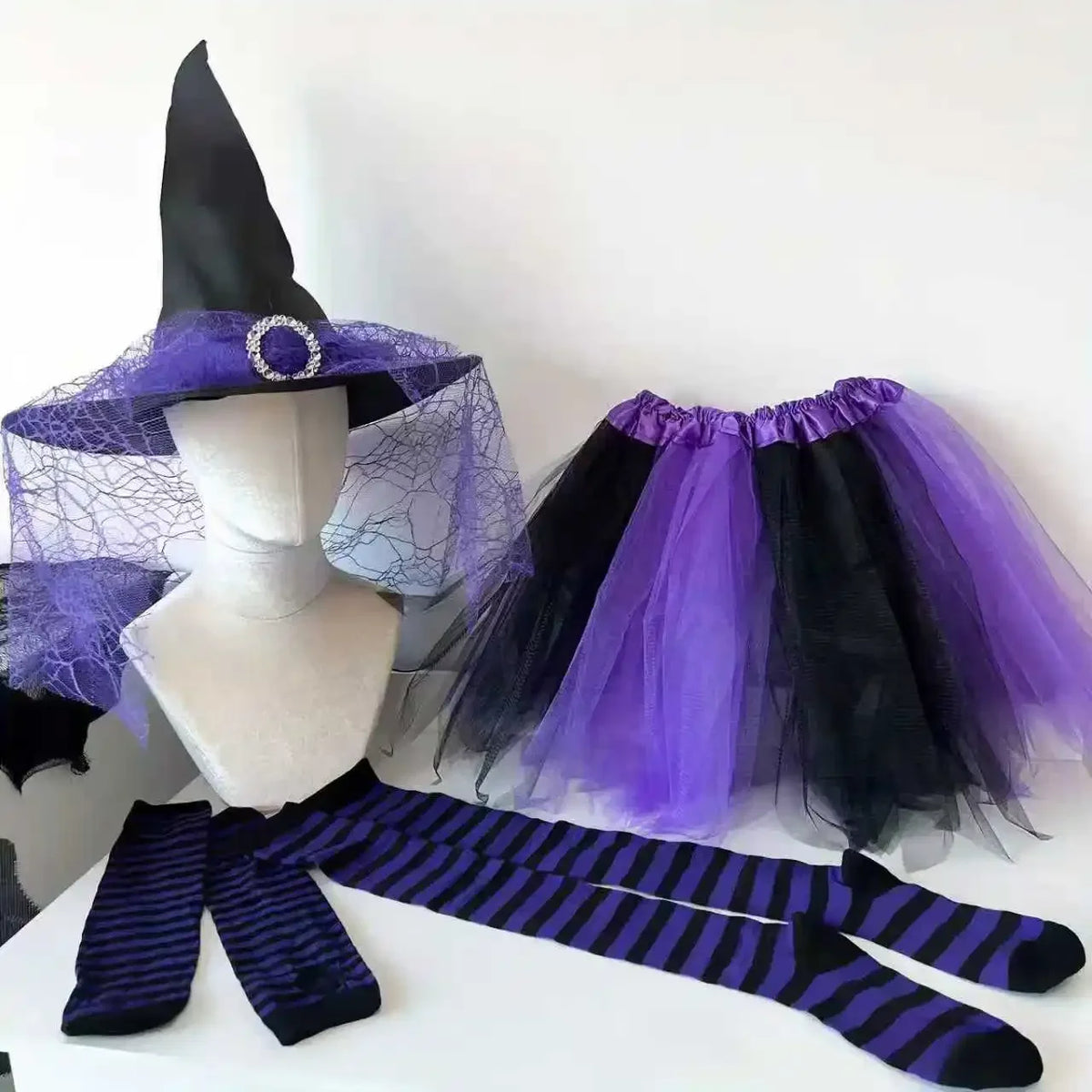 Witch Costume Set for Women: Tutu, Hat, Gloves and Stockings