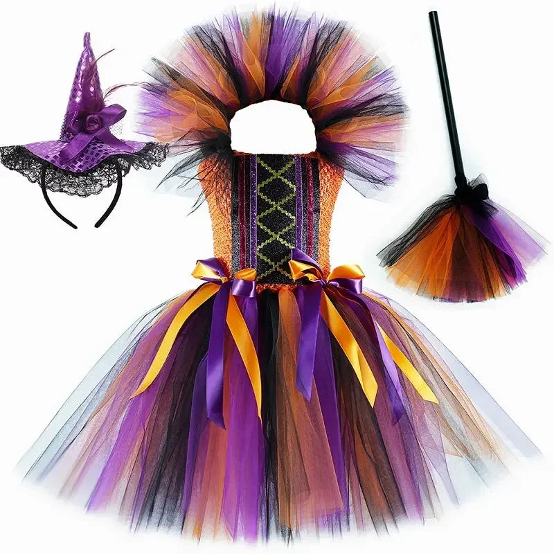 Witch Tutu Dress for Girls with Hat and Broom, 1 to 12 Years