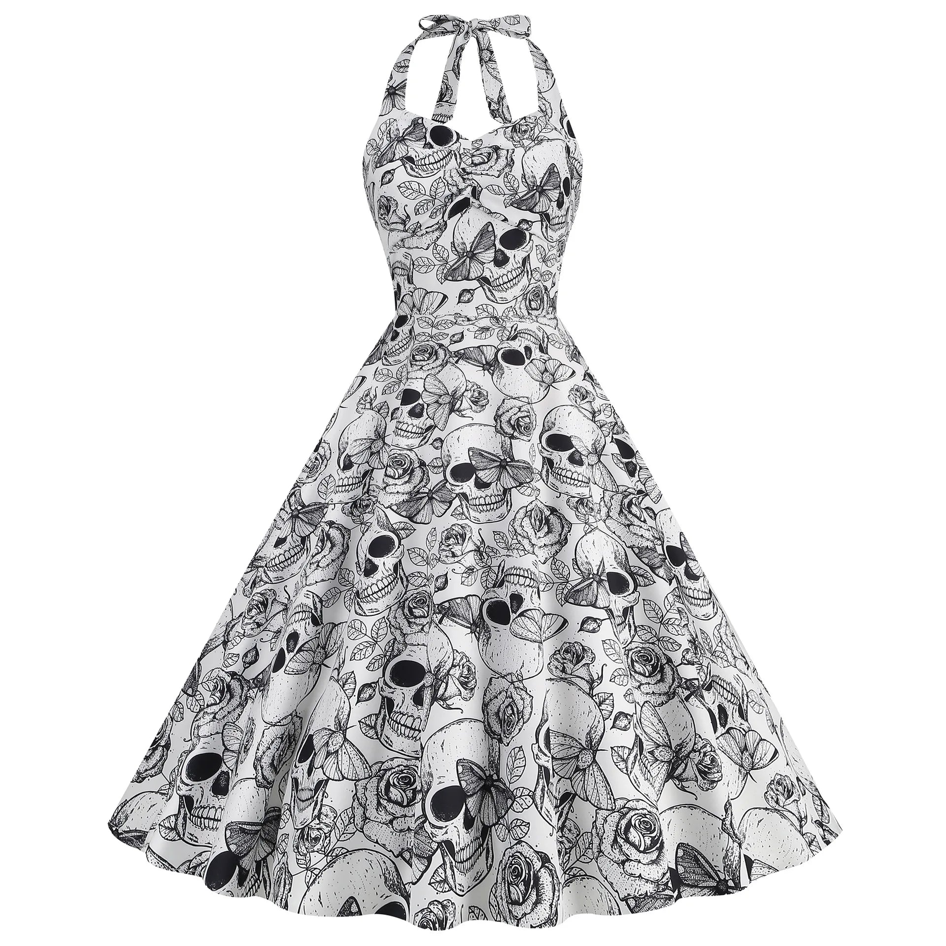 Skull Print Halter Swing Dress, 5 Prints
