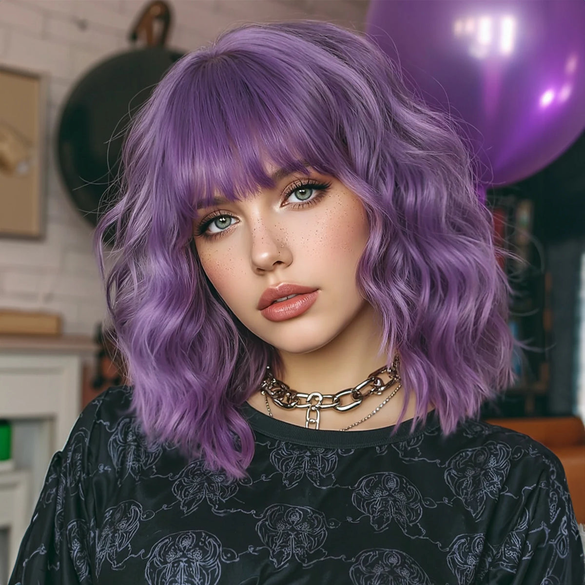 Short Wavy Bob Wig with Bangs, 5 Colors