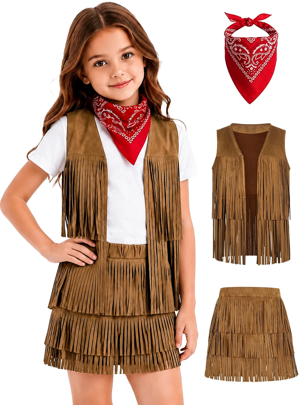 Cowgirl Costume for Girls, 3 Piece Fringe Set, 5 to 12 Years