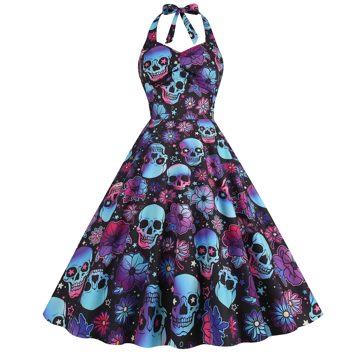 Skull Print Halter Swing Dress, 5 Prints