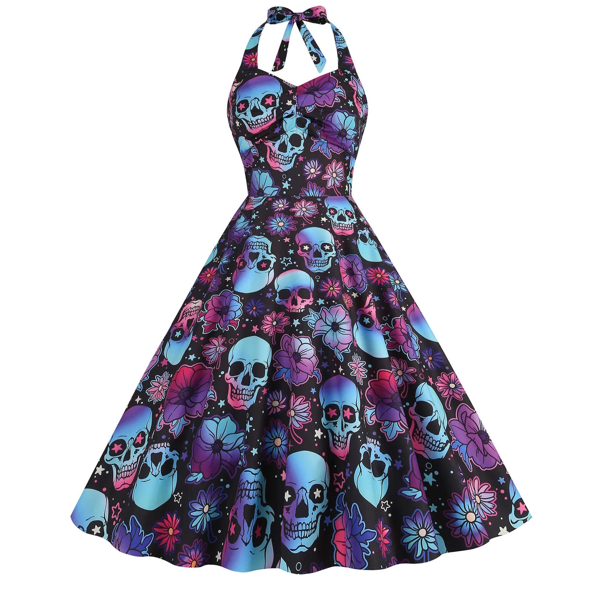 Skull Print Halter Swing Dress, 5 Prints
