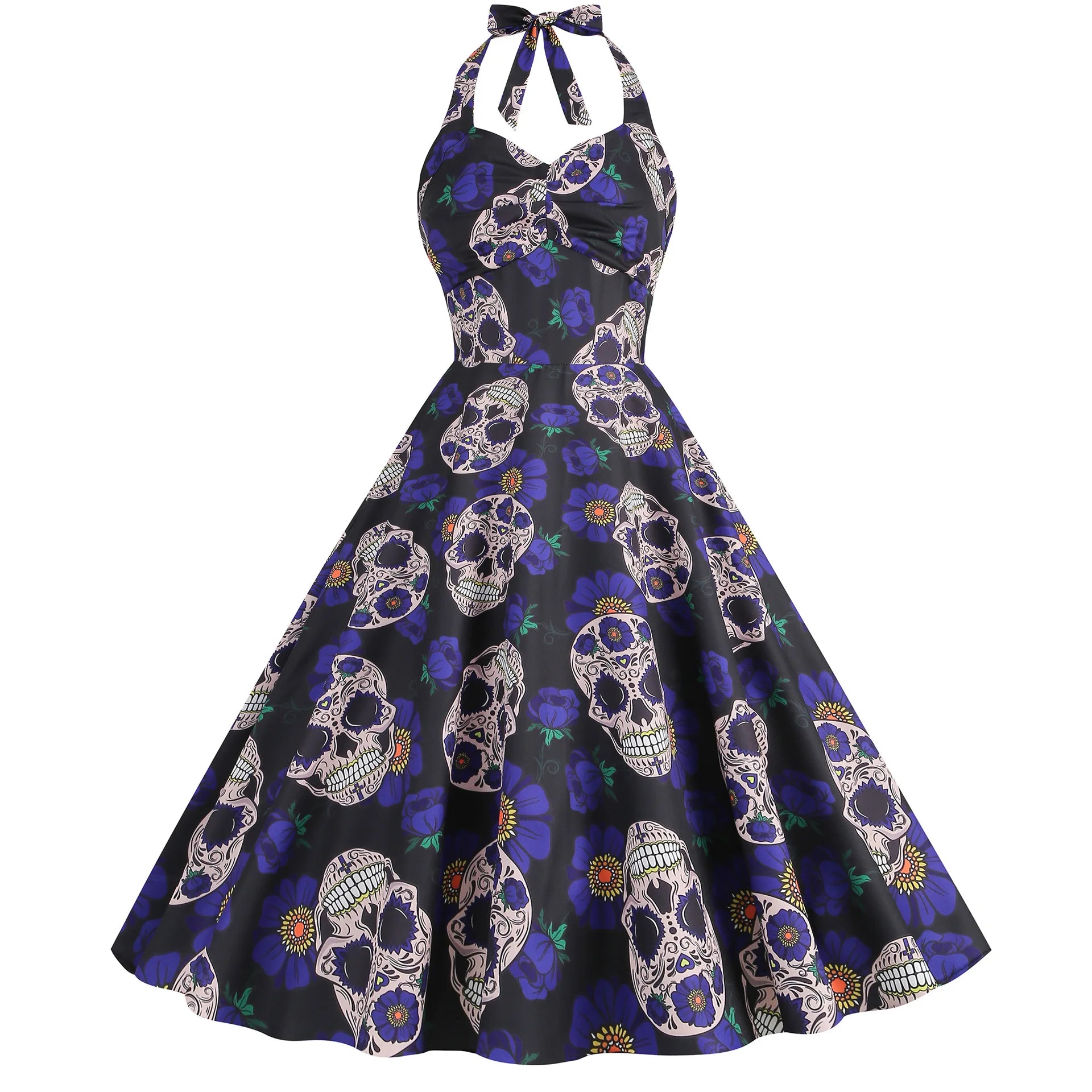 Skull Print Halter Swing Dress, 5 Prints