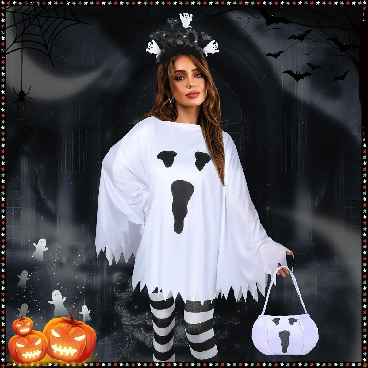 Ghost Costume Set for Women with Candy Bag