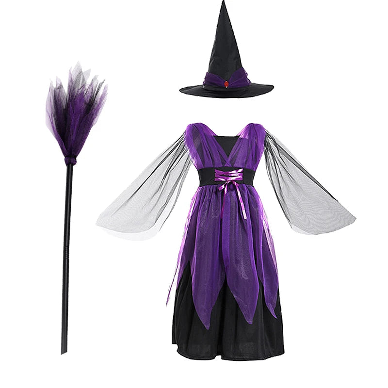 Purple Witch Dress for Girls with Hat and Broom