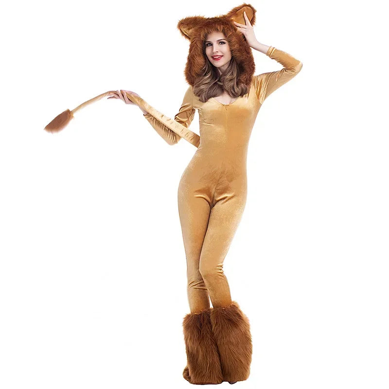 Plush Lion Hooded Jumpsuit Costume for Adults