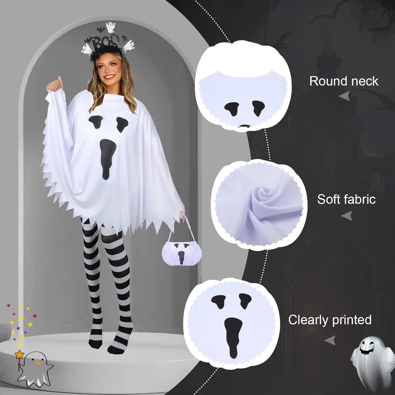 Ghost Costume Set for Women with Candy Bag