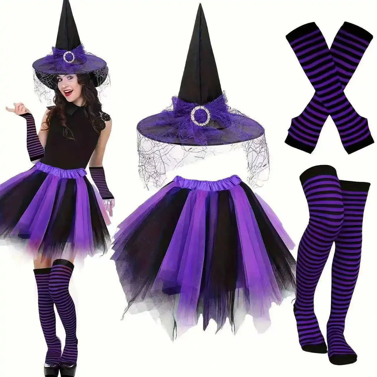 Witch Costume Set for Women: Tutu, Hat, Gloves and Stockings