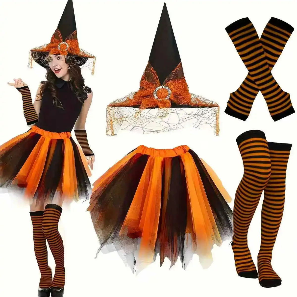 Witch Costume Set for Women: Tutu, Hat, Gloves and Stockings