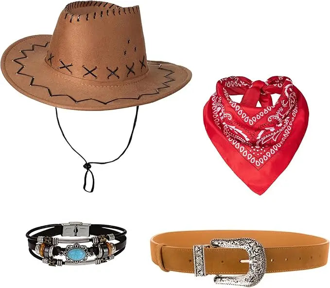 Cowgirl Costume Set for Women: Fringe Vest, Hat, Bandana, Belt