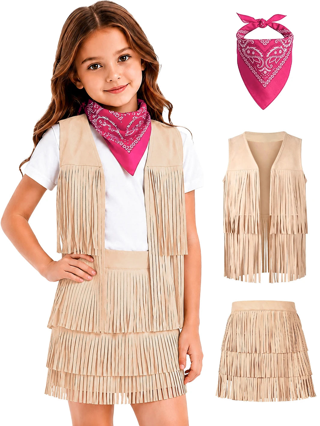 Cowgirl Costume for Girls, 3 Piece Fringe Set, 5 to 12 Years