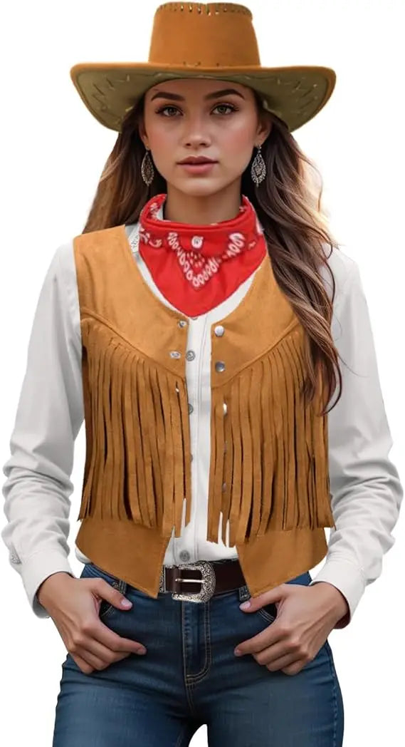Cowgirl Costume Set for Women: Fringe Vest, Hat, Bandana, Belt