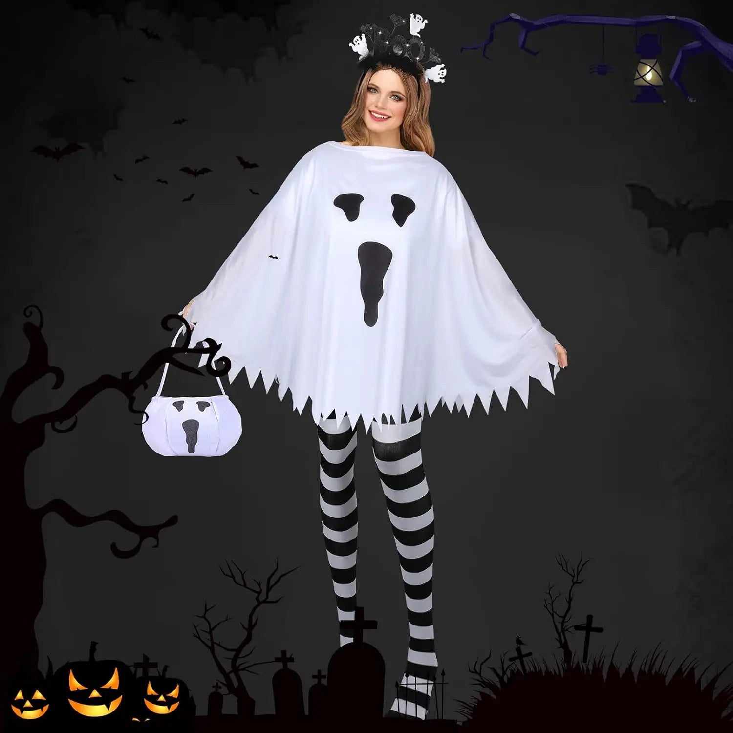 Ghost Costume Set for Women with Candy Bag