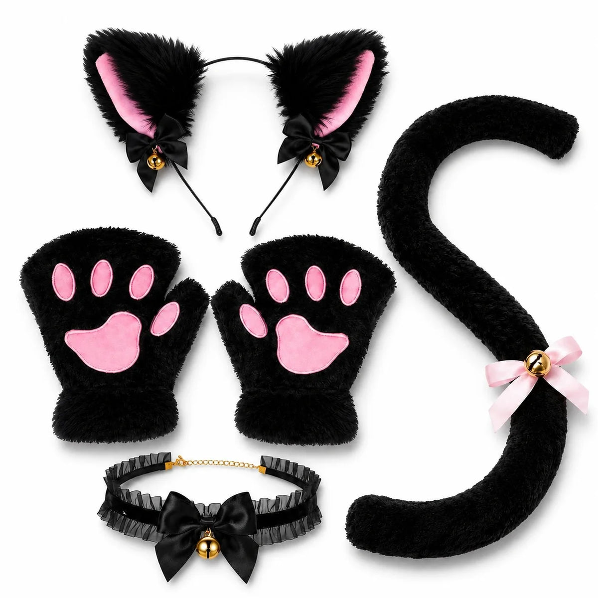 Cat Costume Accessory Set: Ears, Paws, Choker and Tail