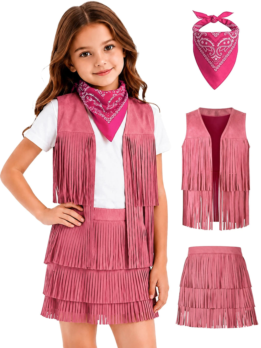 Cowgirl Costume for Girls, 3 Piece Fringe Set, 5 to 12 Years