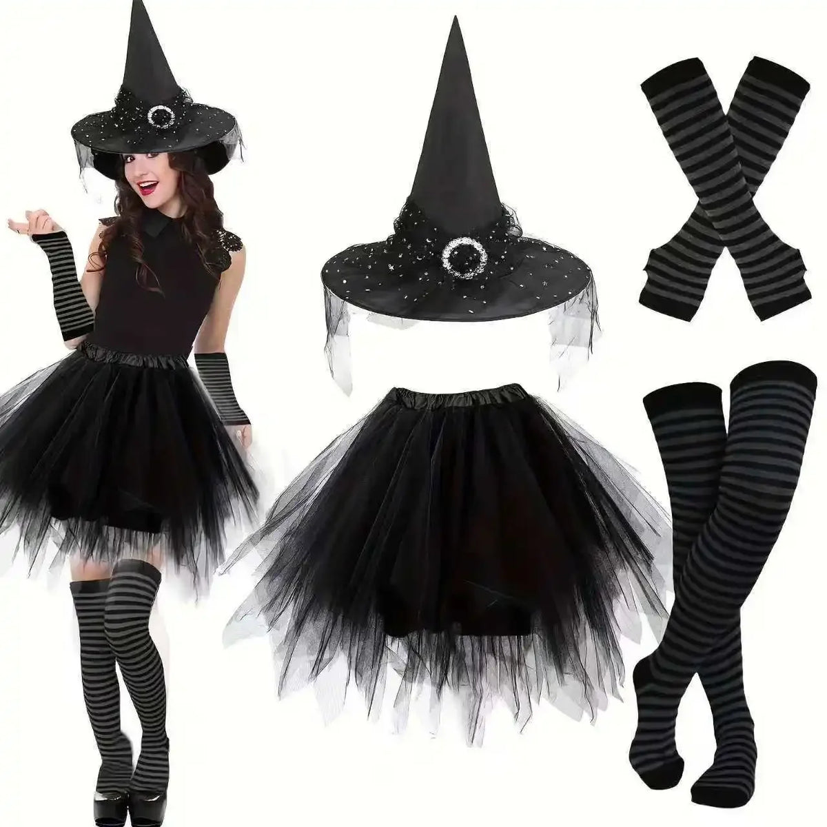 Witch Costume Set for Women: Tutu, Hat, Gloves and Stockings