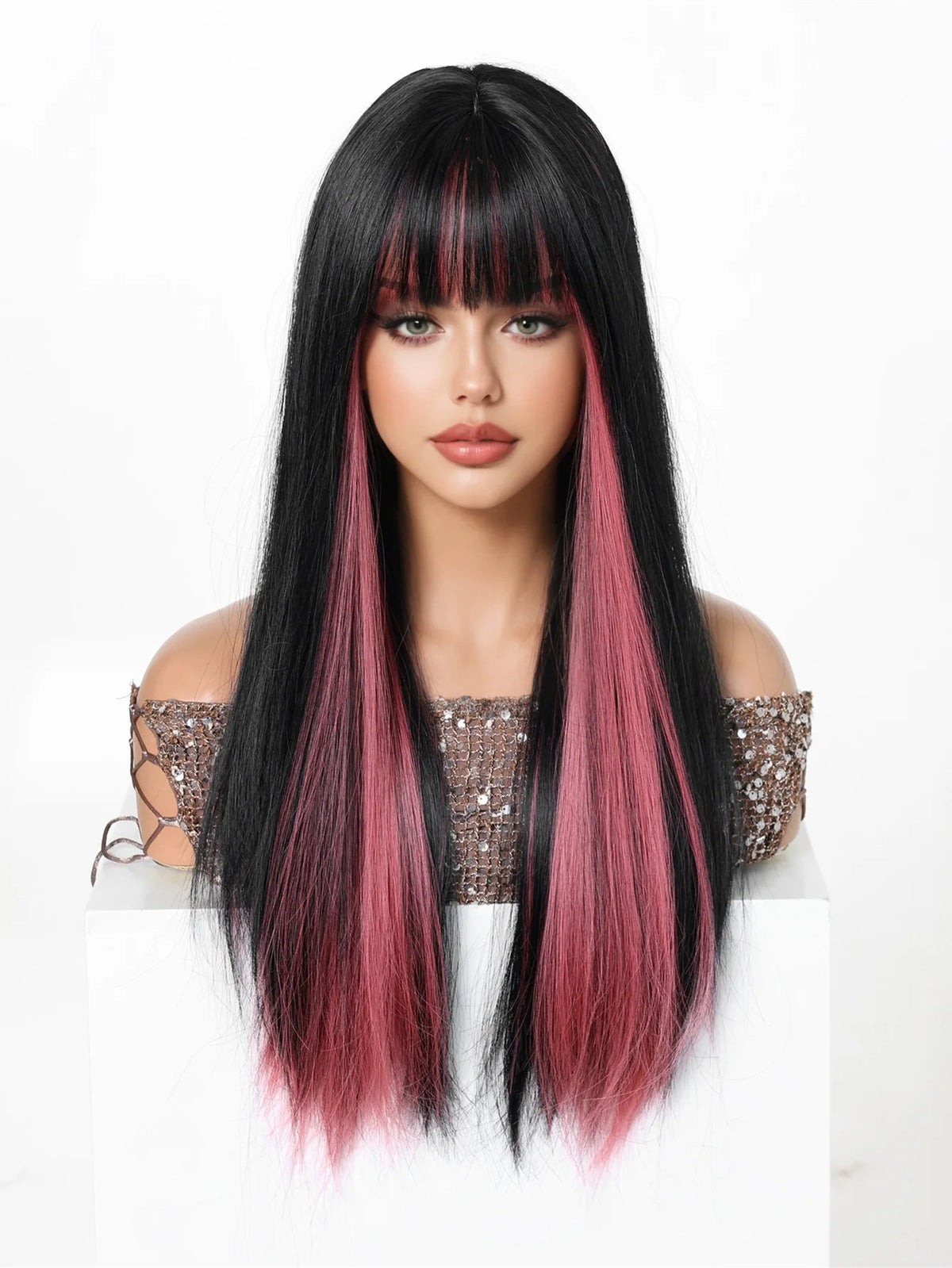 Long Straight Wig with Bangs, Black Ombre