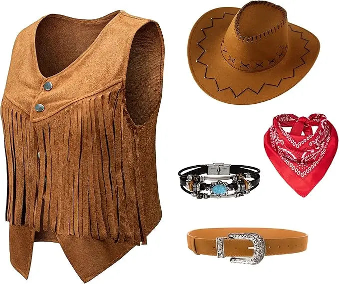 Cowgirl Costume Set for Women: Fringe Vest, Hat, Bandana, Belt