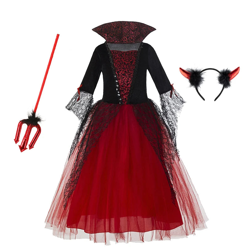 Red Vampire Dress for Girls with Cape, Mask and Fork