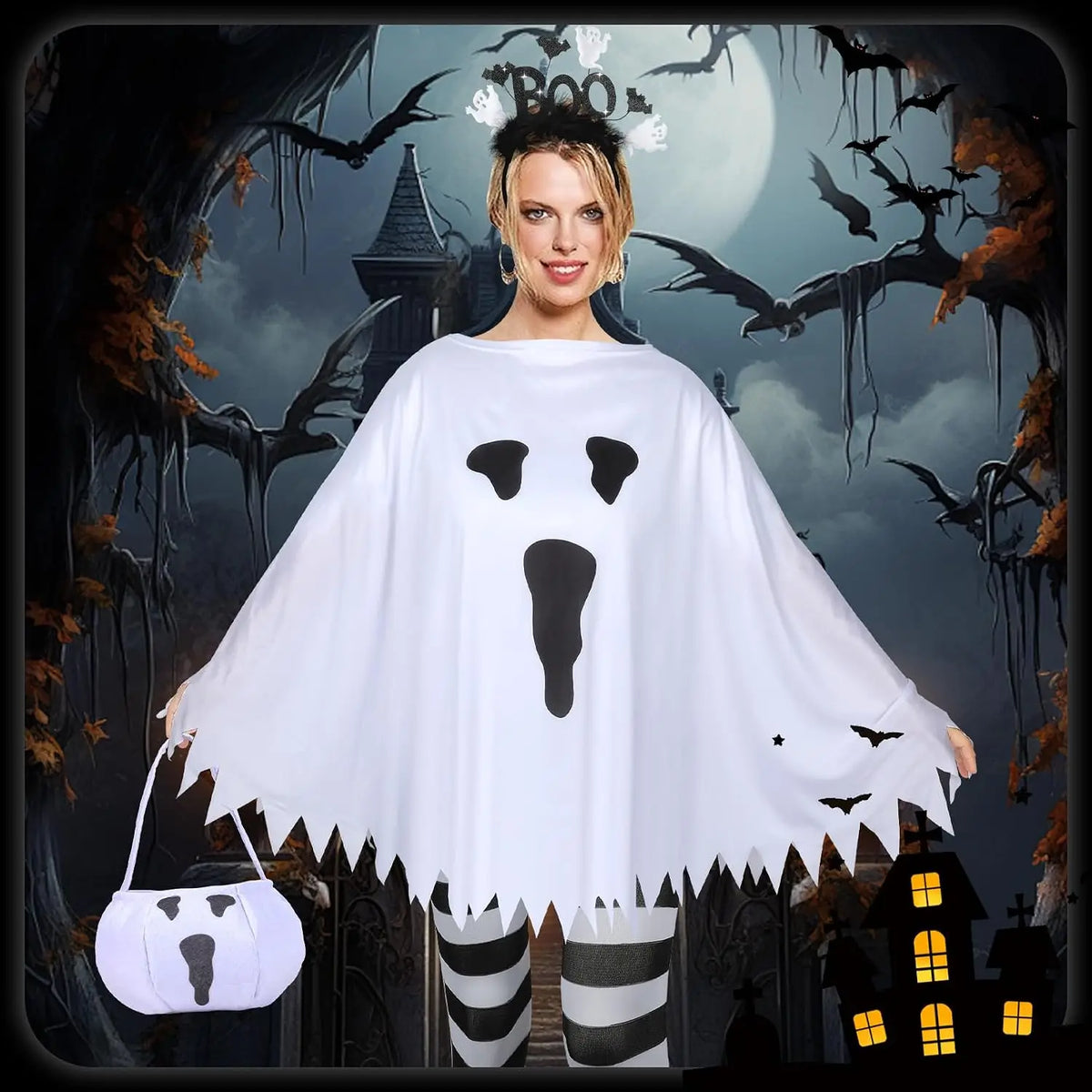 Ghost Costume Set for Women with Candy Bag