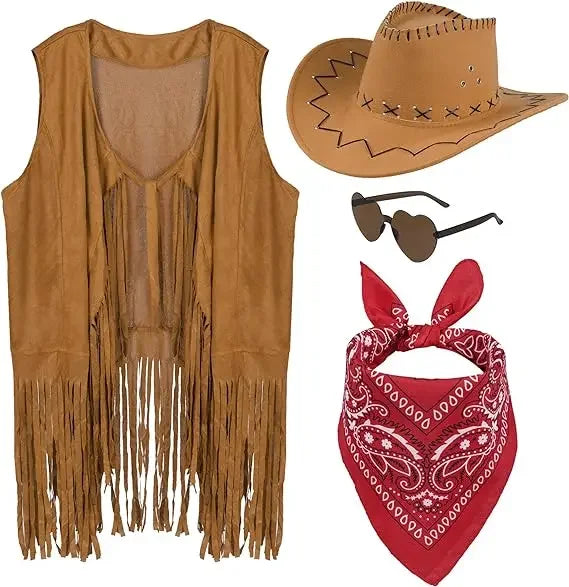 Cowgirl Costume Set for Women: Fringe Vest, Hat, Bandana, Belt