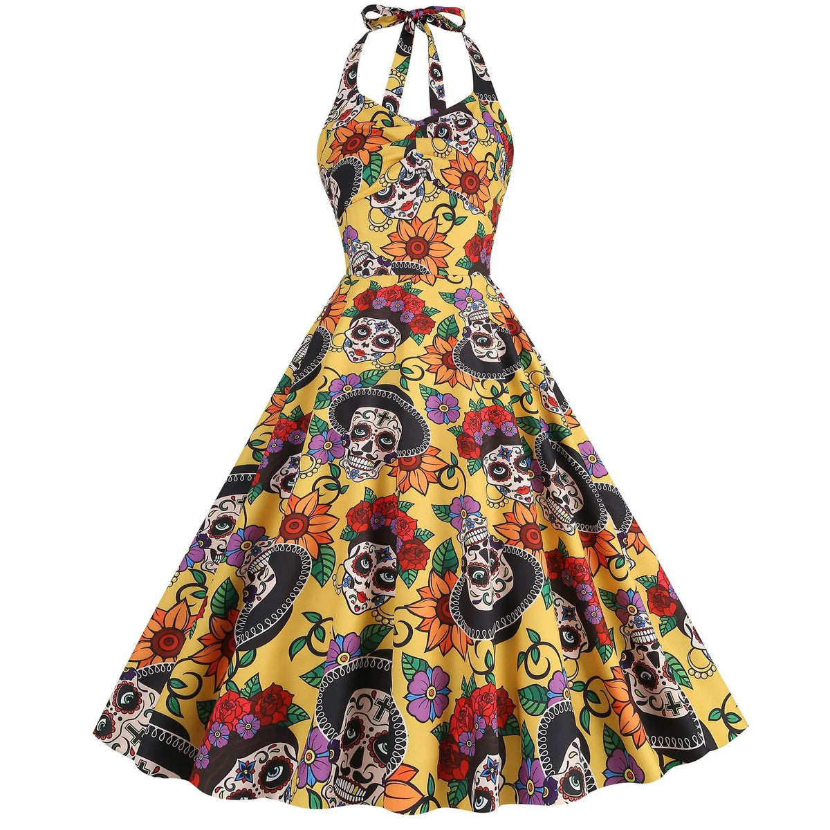 Skull Print Halter Swing Dress, 5 Prints