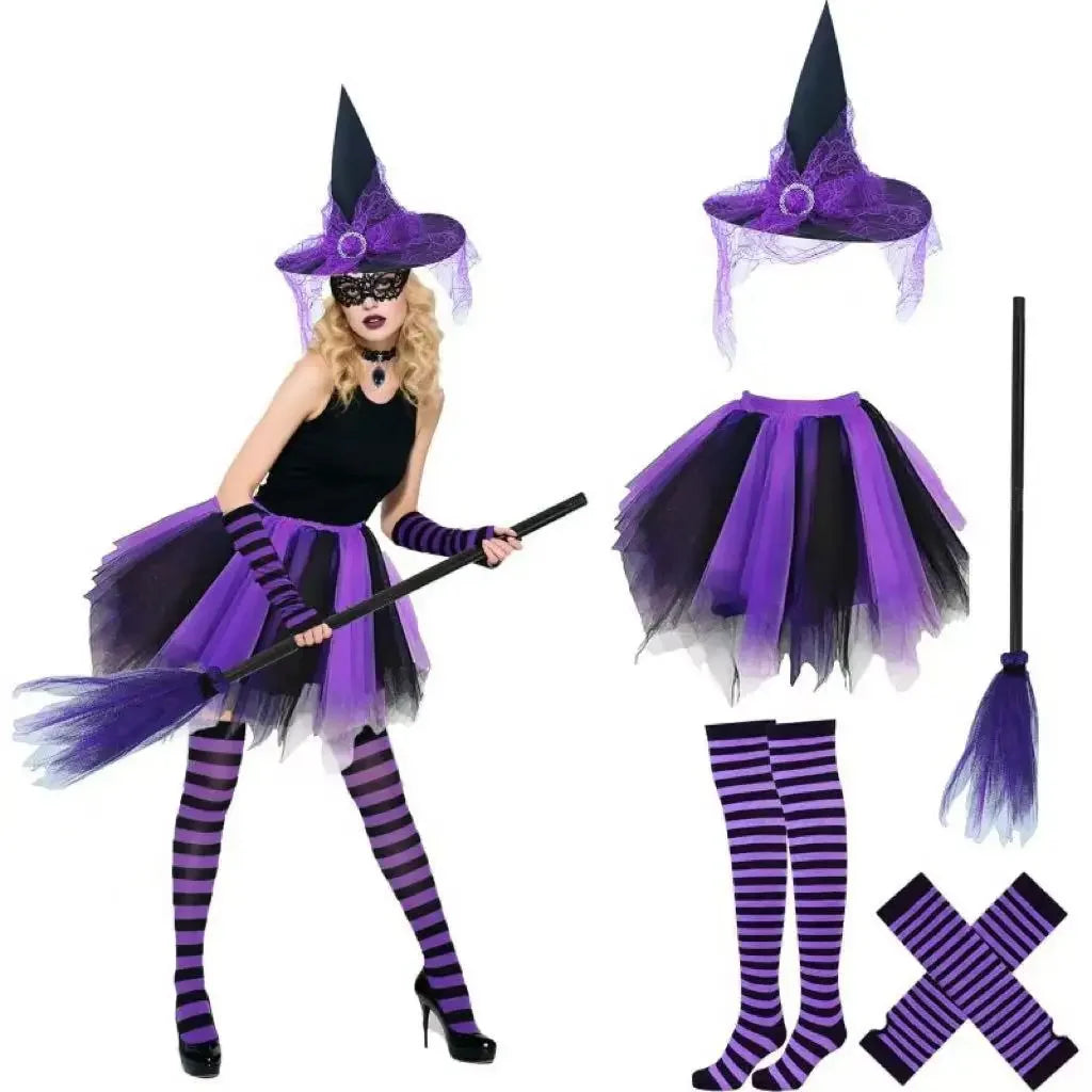 Witch Costume Set for Women: Tutu, Hat, Gloves and Stockings