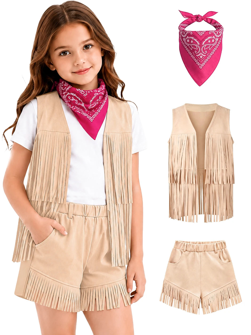 Cowgirl Costume for Girls, 3 Piece Fringe Set, 5 to 12 Years