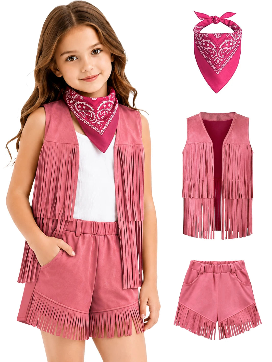 Cowgirl Costume for Girls, 3 Piece Fringe Set, 5 to 12 Years