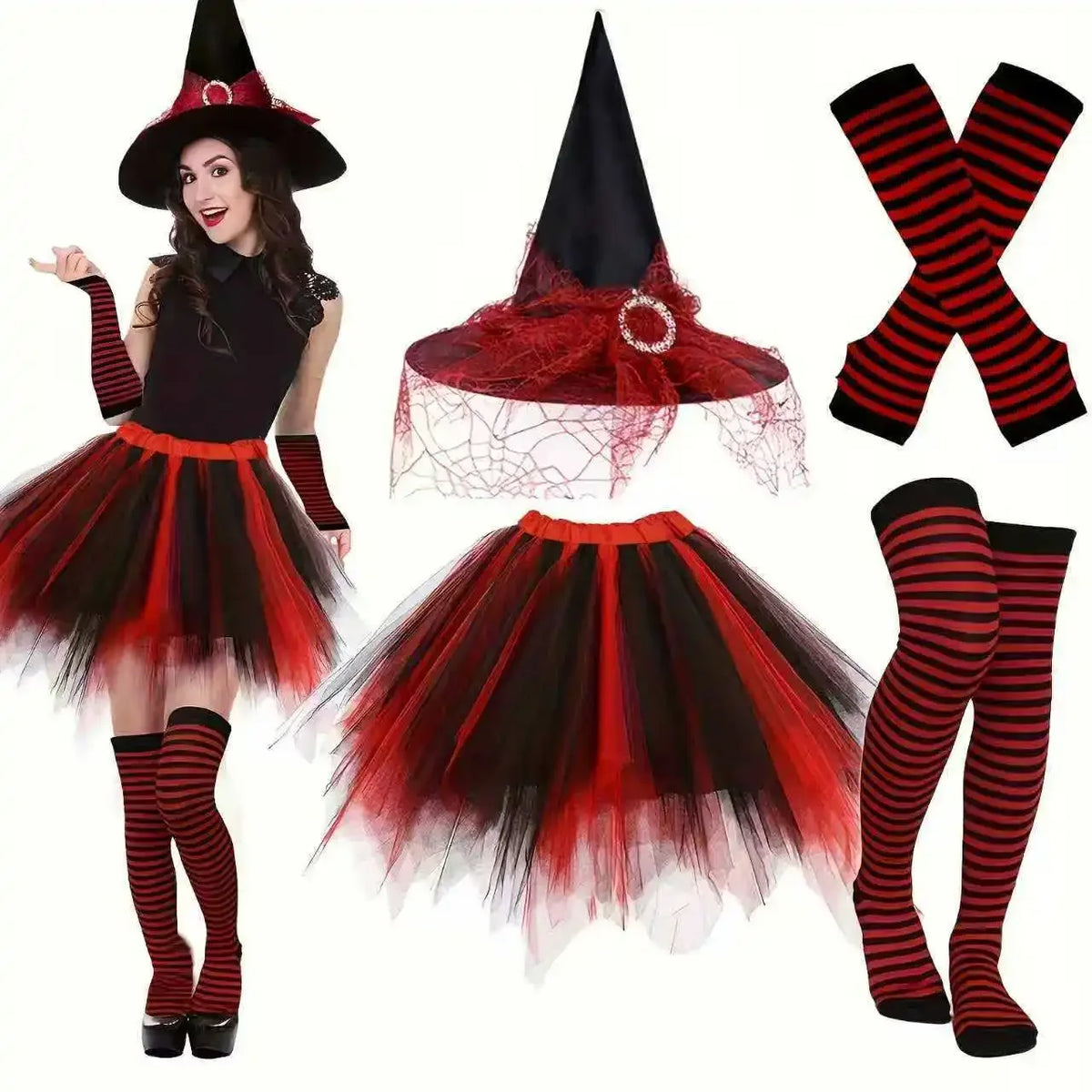 Witch Costume Set for Women: Tutu, Hat, Gloves and Stockings