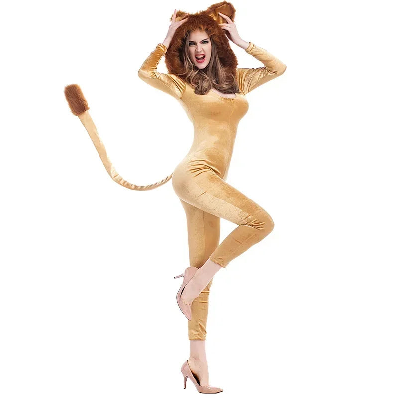Plush Lion Hooded Jumpsuit Costume for Adults