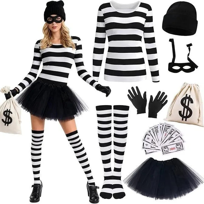 Bank Robber Costume for Women with Mask and Money Bag