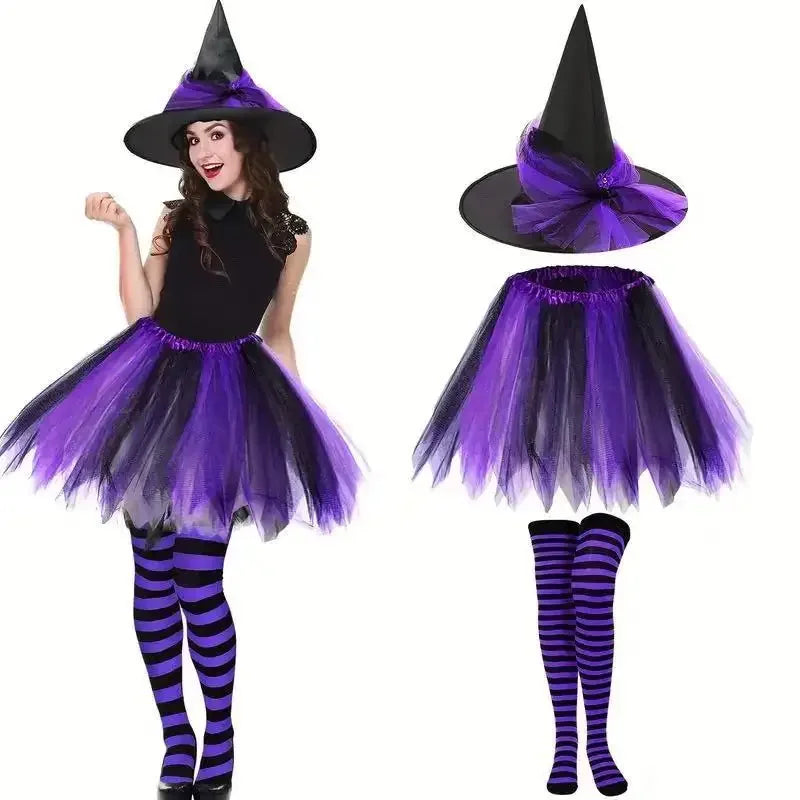Witch Costume Set for Women: Tutu, Hat, Gloves and Stockings
