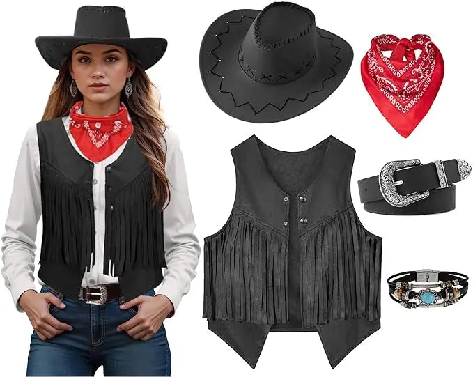 Cowgirl Costume Set for Women: Fringe Vest, Hat, Bandana, Belt
