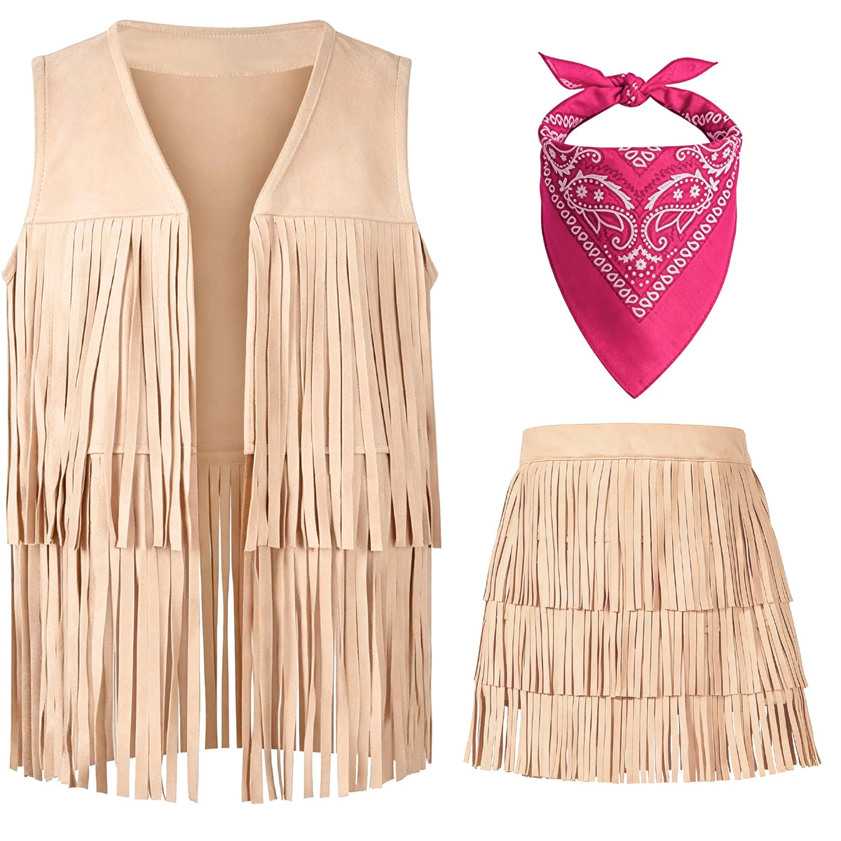 Cowgirl Costume for Girls, 3 Piece Fringe Set, 5 to 12 Years