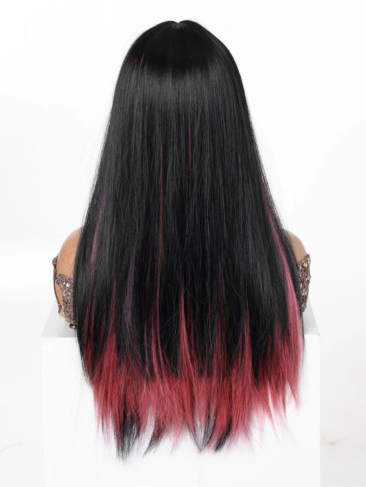 Long Straight Wig with Bangs, Black Ombre